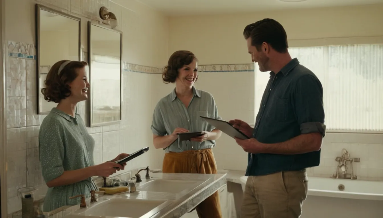 Provider and homeowner reviewing plans in an older bathroom in Kenner